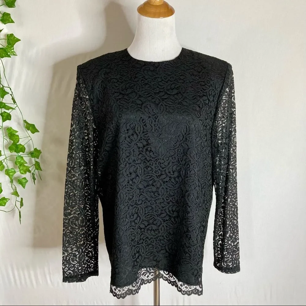 Vintage J. Jill Black Lace Long Sleeve Top Size 12